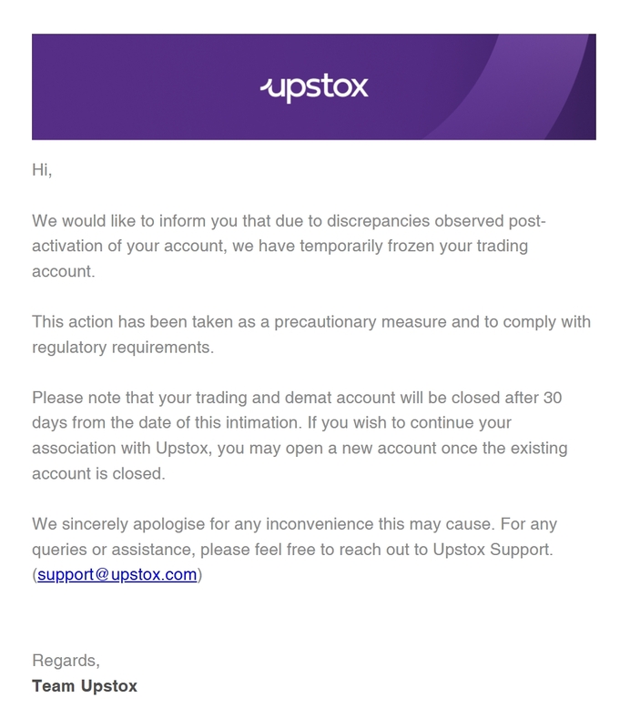 upstox account freeze notice on email